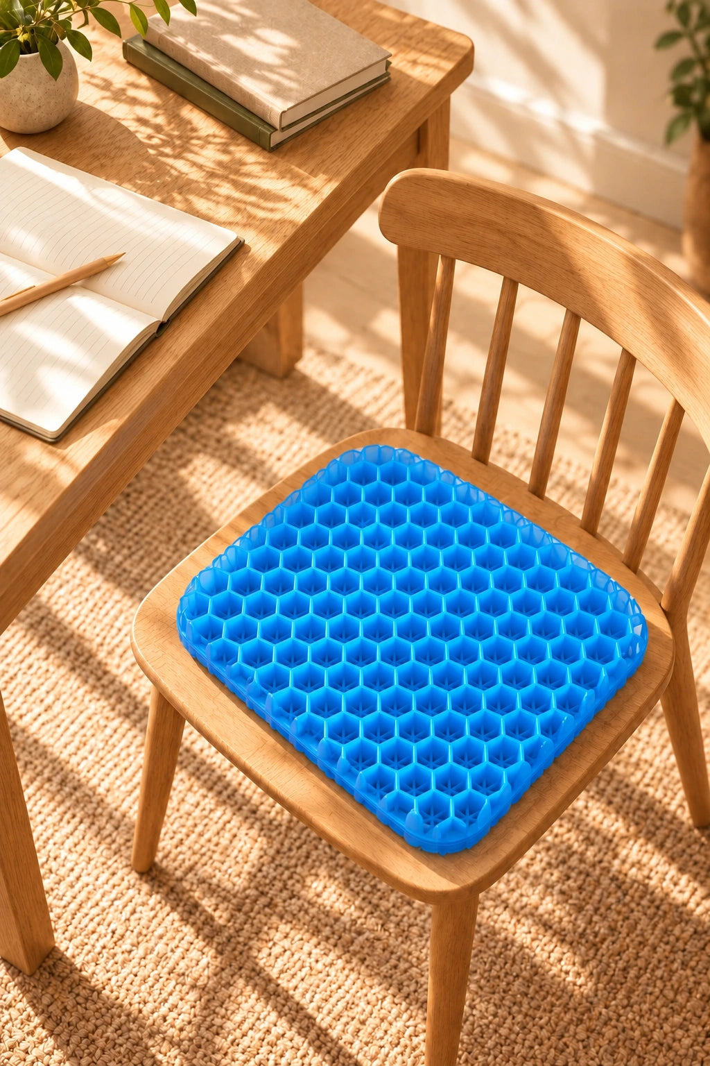 Cojín azul Nudelo Air sobre una silla de madera